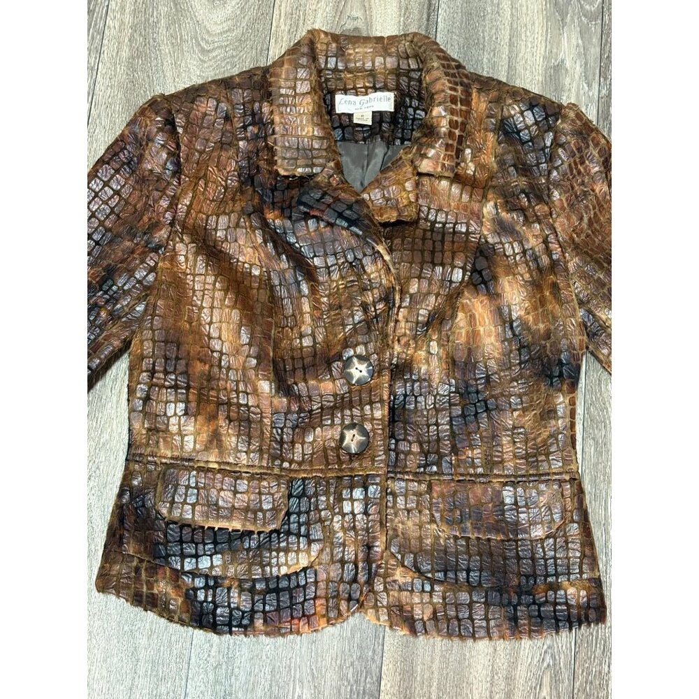 VINTAGE LENA GABRIELLE BROWN FAUX REPTILE TEXTURE BLAZER JACKET WOMENS 6 POCKETS